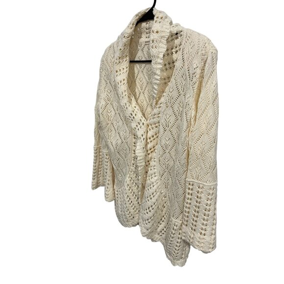 Vintage Cream Open Knit Cardigan Sweater Shawl Collar Button Closure - Picture 3 of 9